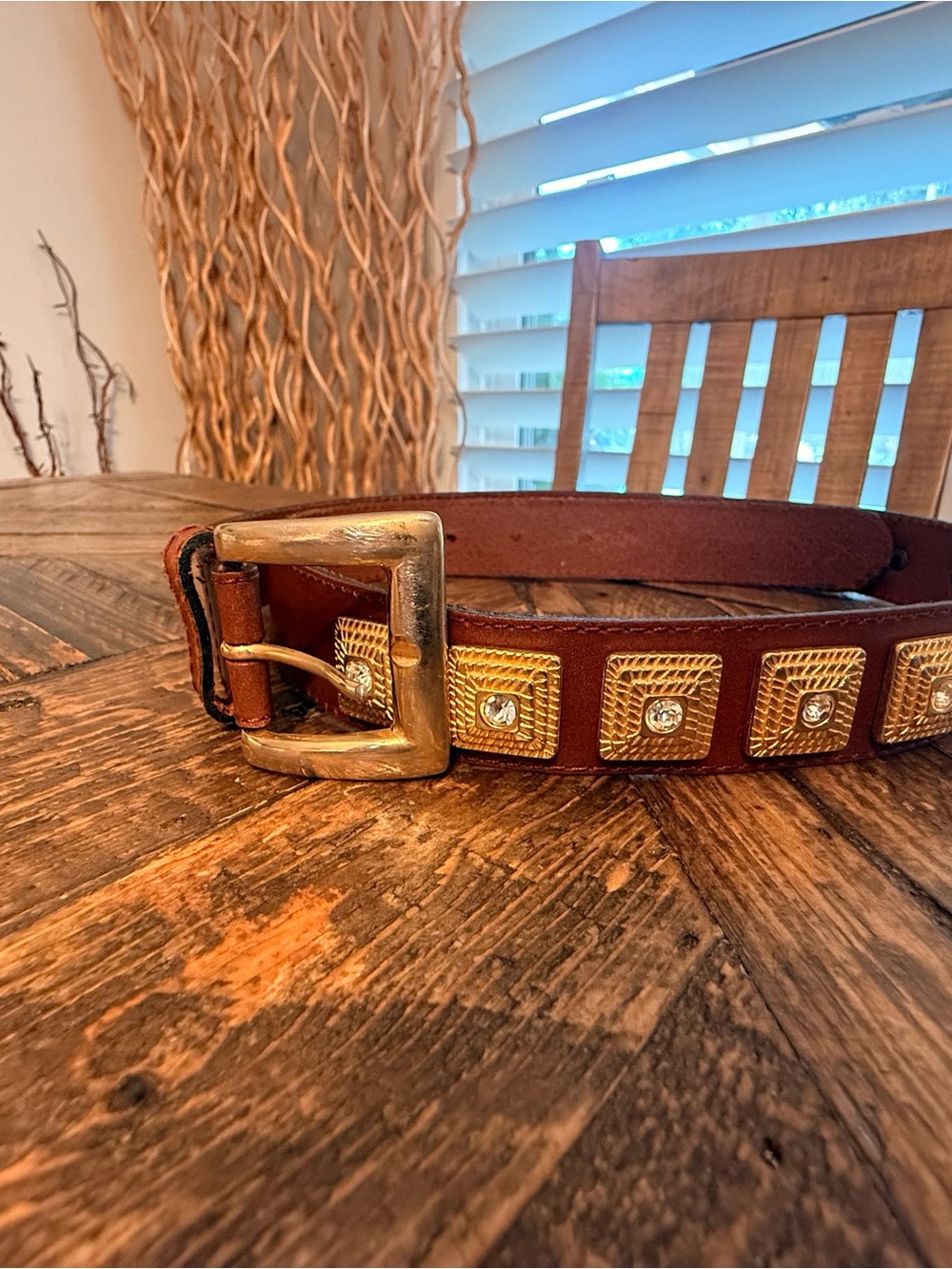 Brown Leather Studded Belt with Gold Accents Vintage Western Country